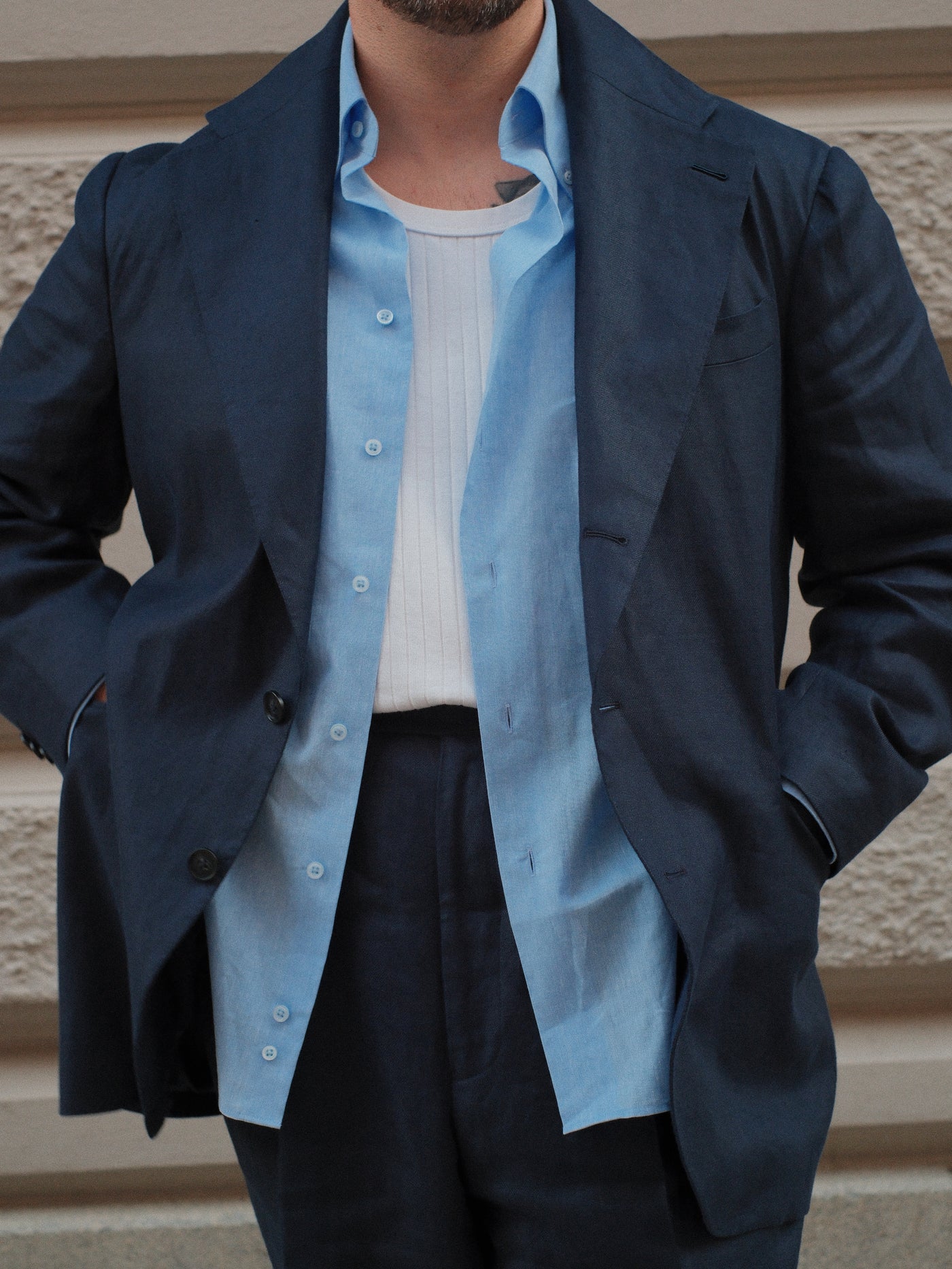 Single Breasted Undarted Jacket in Linen - Midnight Blue