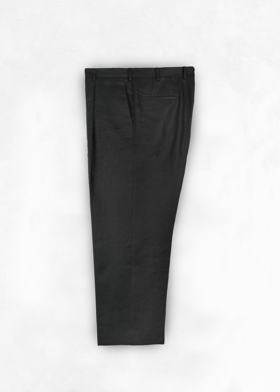High Waist Single Pleat Trouser - Black Linen